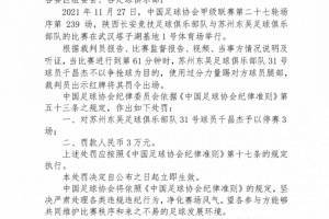 足协罚单：苏州东吴千昌杰过分力量踢对手腿部，停赛3场罚款3万元