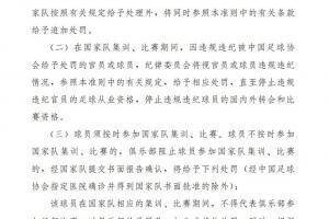 足协纪律准则：球员在国家队集训违规，将停止比赛资格和转会